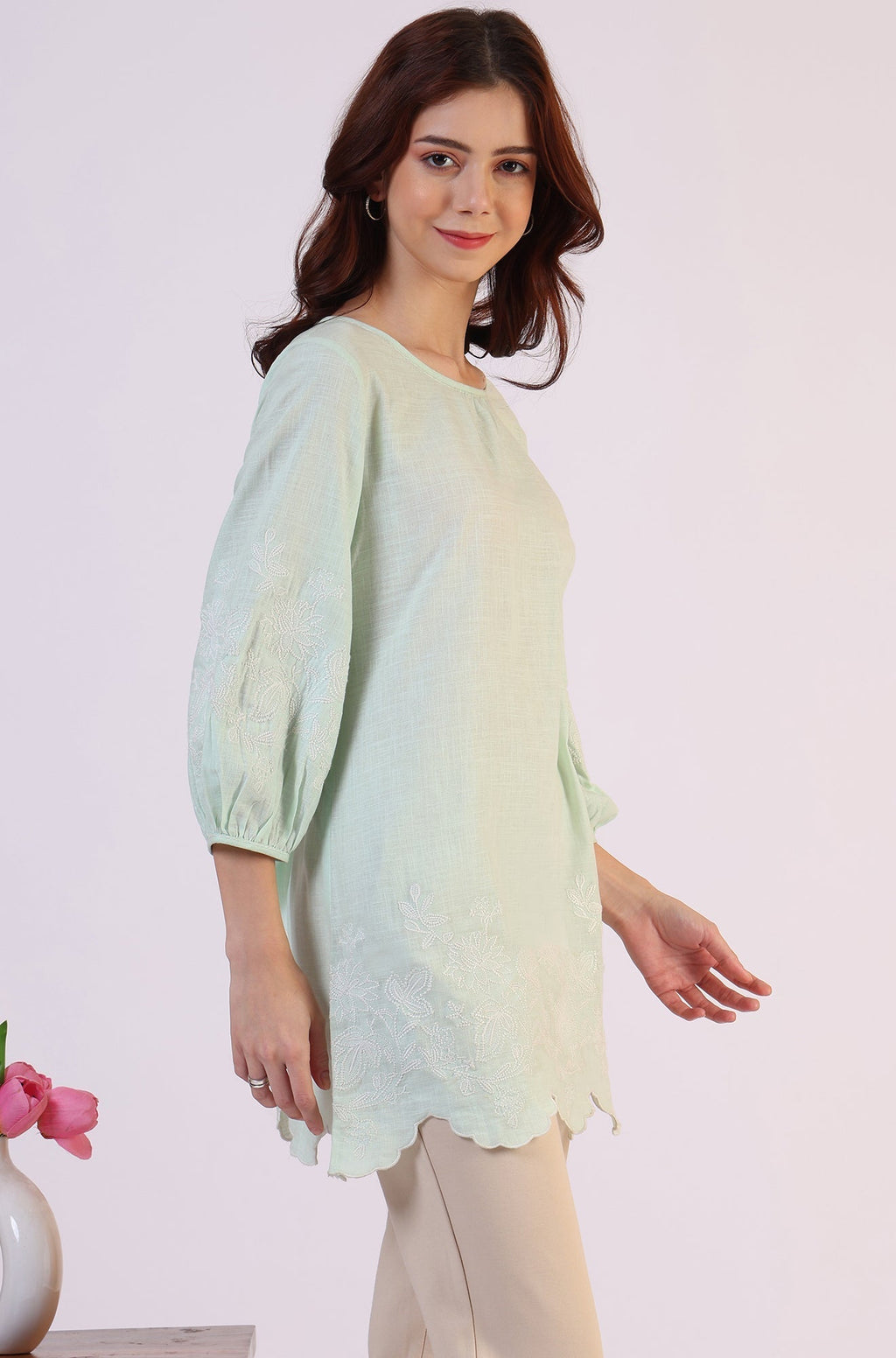 W for Woman Pastel Green Slub top with Hem And Sleeve Embroidered Scalloped Detail | Grocsy