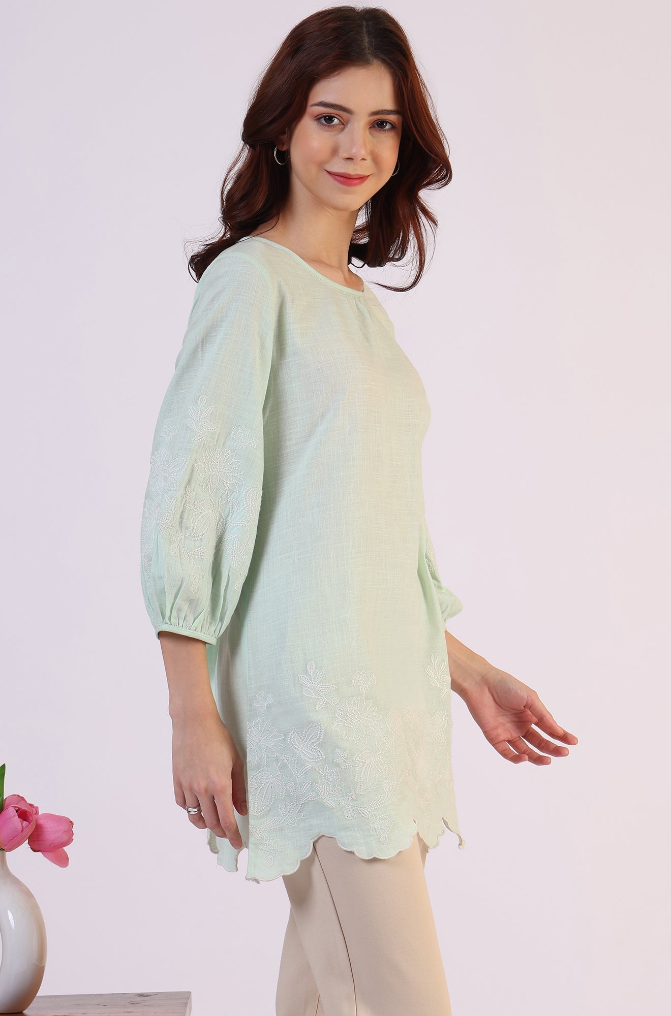 W for Woman Pastel Green Slub top with Hem And Sleeve Embroidered Scalloped Detail | Grocsy