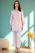 W for Woman Pink Embroidered Pure Cotton Scalloped Western Top | Grocsy