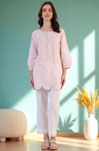W for Woman Pink Embroidered Pure Cotton Scalloped Western Top | Grocsy