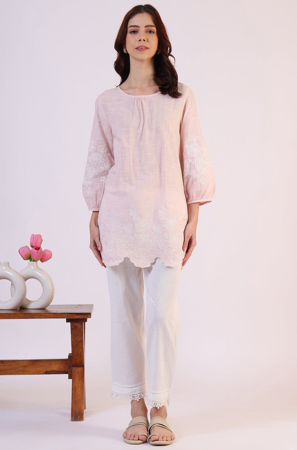 W for Woman Pink Embroidered Pure Cotton Scalloped Western Top | Grocsy