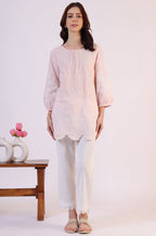W for Woman Pink Embroidered Pure Cotton Scalloped Western Top | Grocsy