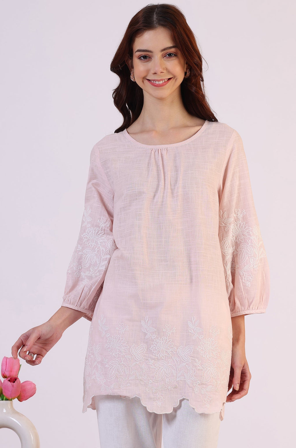 W for Woman Pink Embroidered Pure Cotton Scalloped Western Top | Grocsy