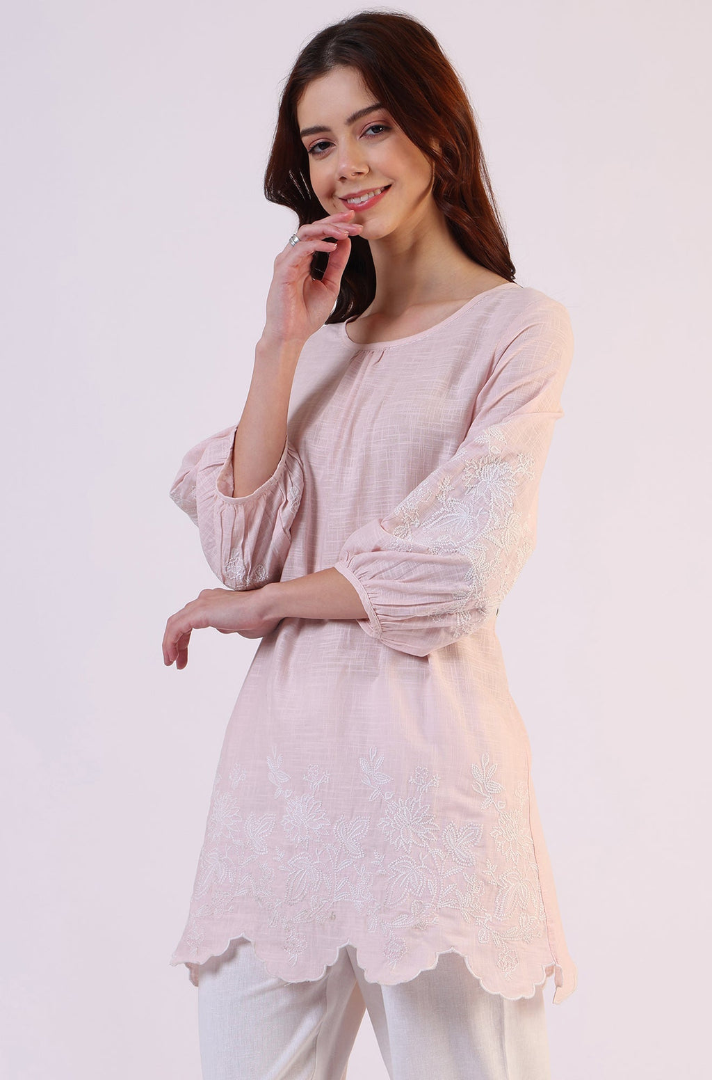 W for Woman Pink Embroidered Pure Cotton Scalloped Western Top | Grocsy