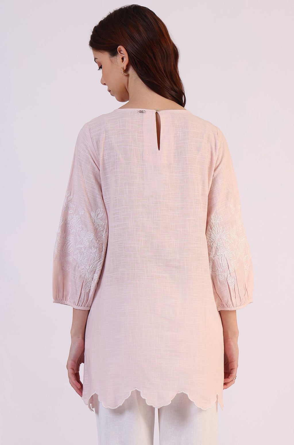 W for Woman Pink Embroidered Pure Cotton Scalloped Western Top | Grocsy