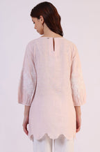 W for Woman Pink Embroidered Pure Cotton Scalloped Western Top | Grocsy