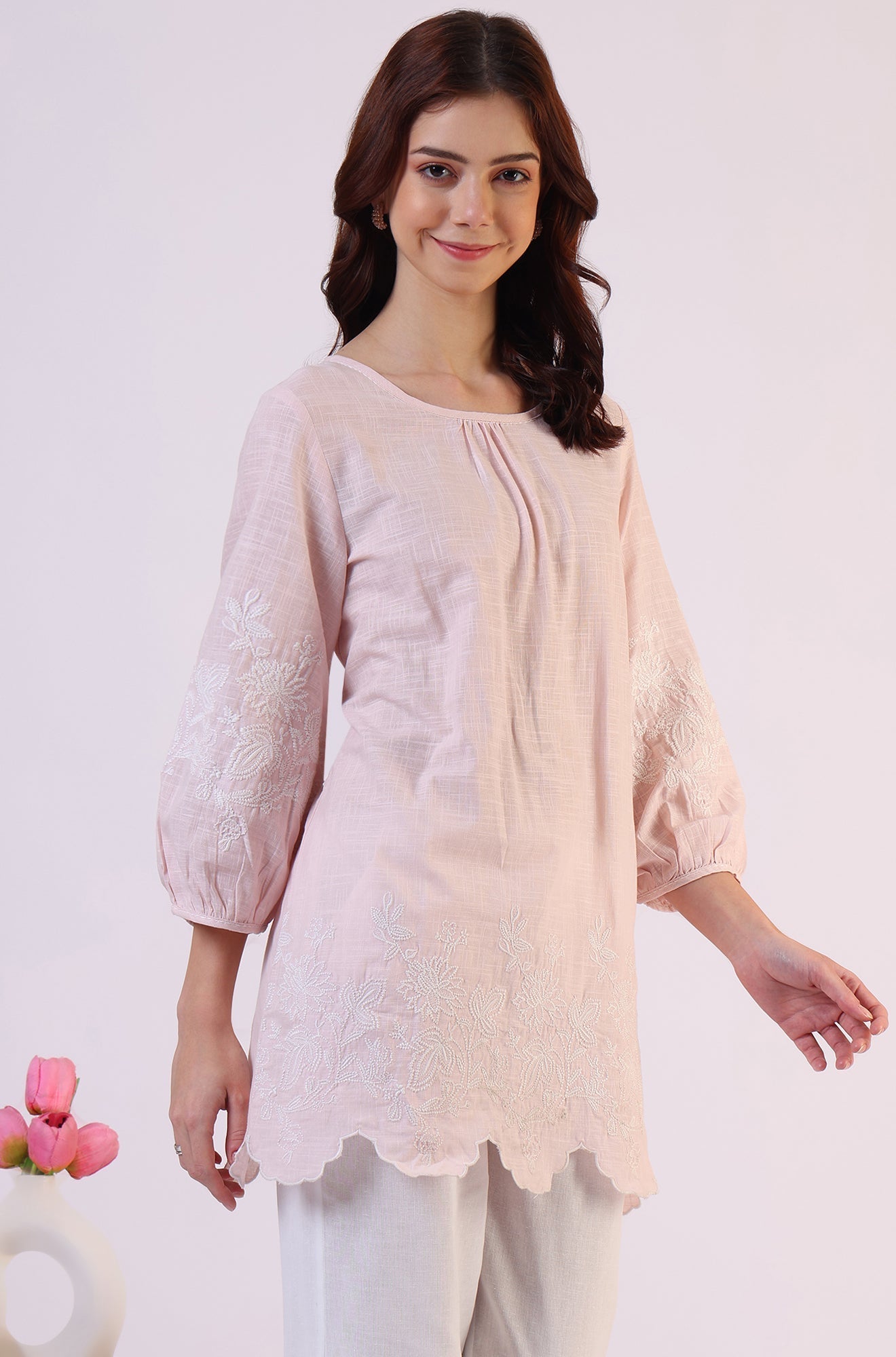 W for Woman Pink Embroidered Pure Cotton Scalloped Western Top | Grocsy