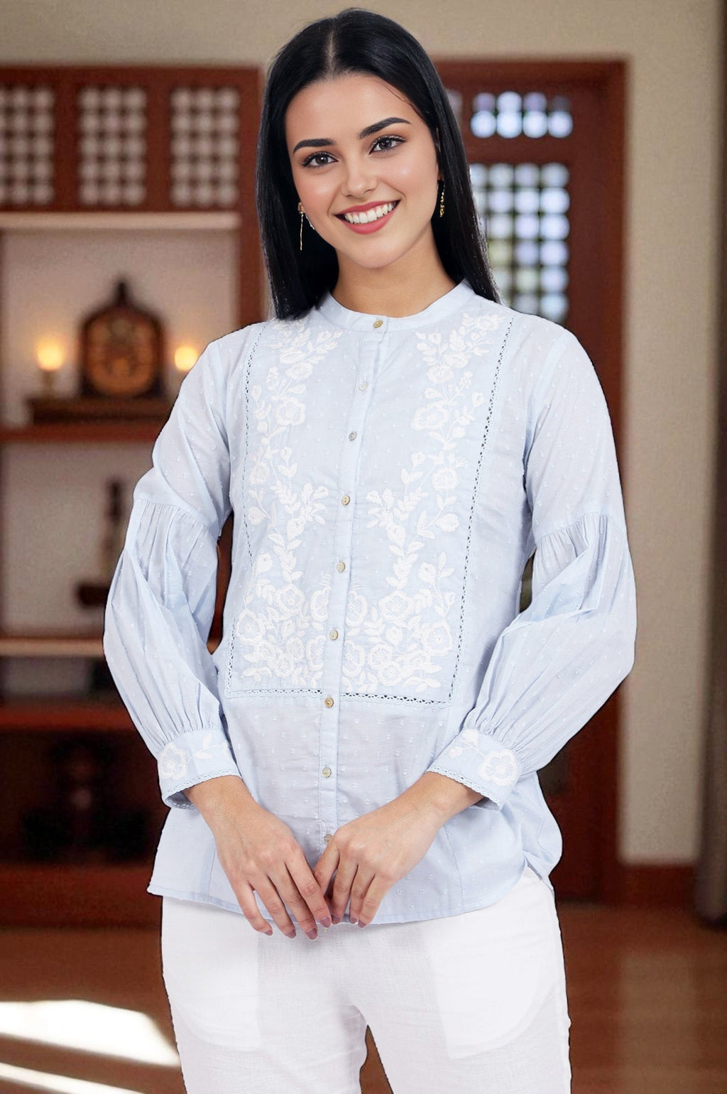 W for Woman Blue Embroidered Pure Cotton Straight Top | Grocsy