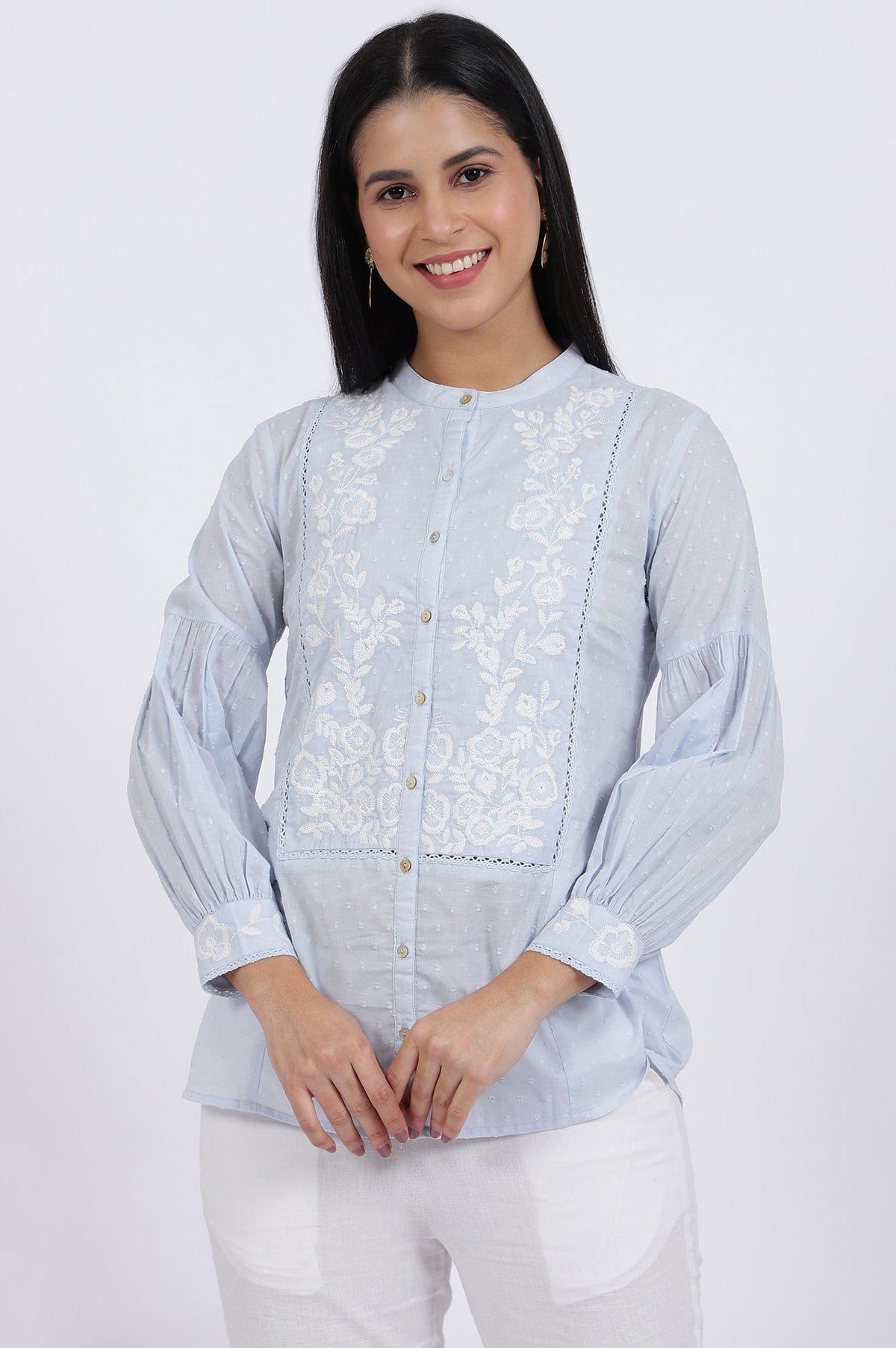 W for Woman Blue Embroidered Pure Cotton Straight Top | Grocsy