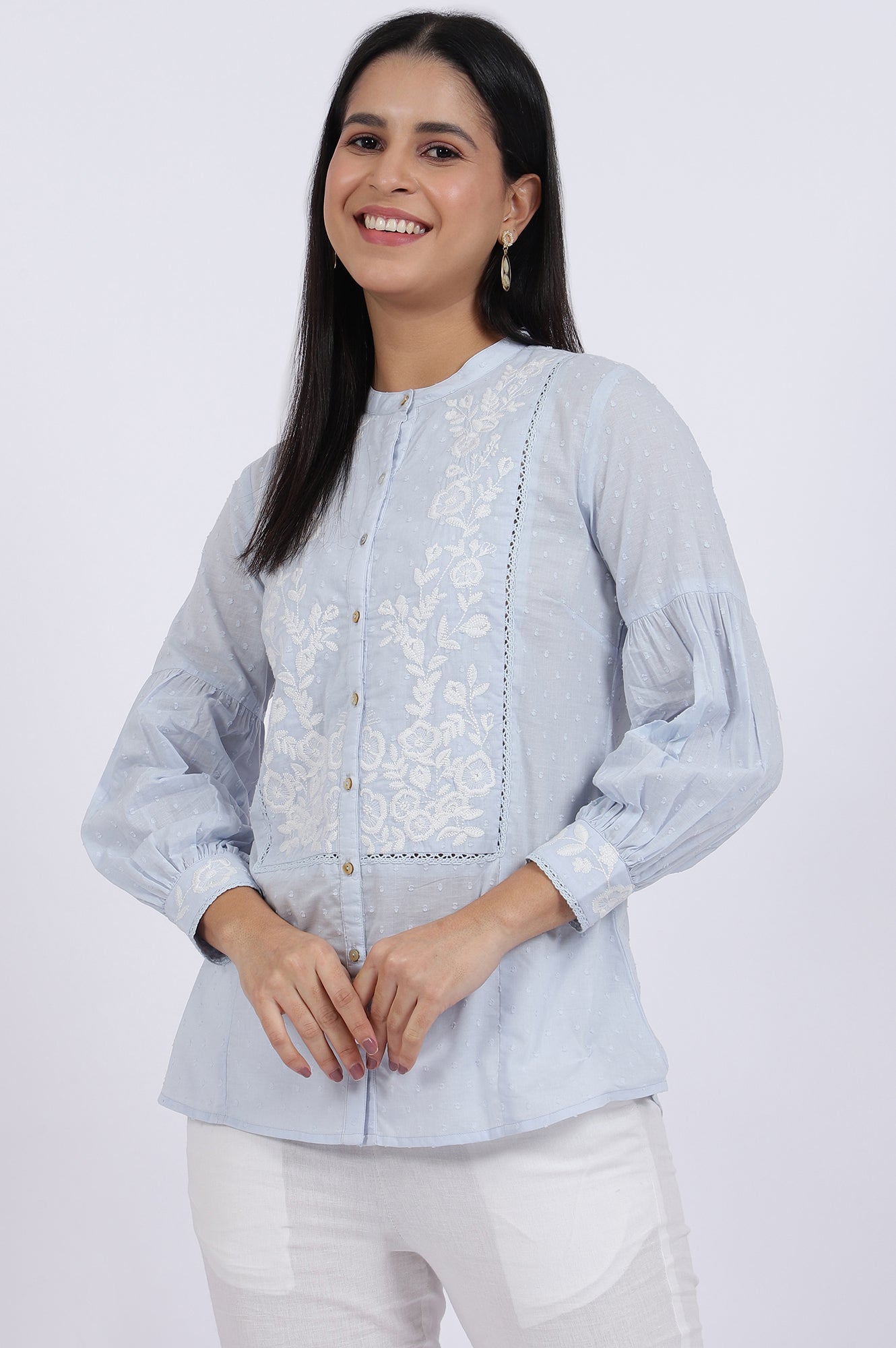 W for Woman Blue Embroidered Pure Cotton Straight Top | Grocsy