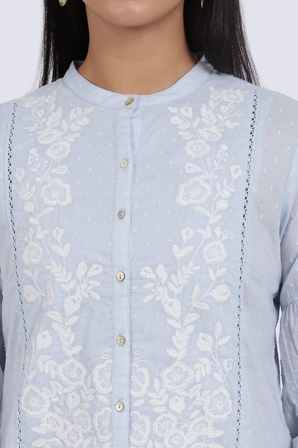 W for Woman Blue Embroidered Pure Cotton Straight Top | Grocsy