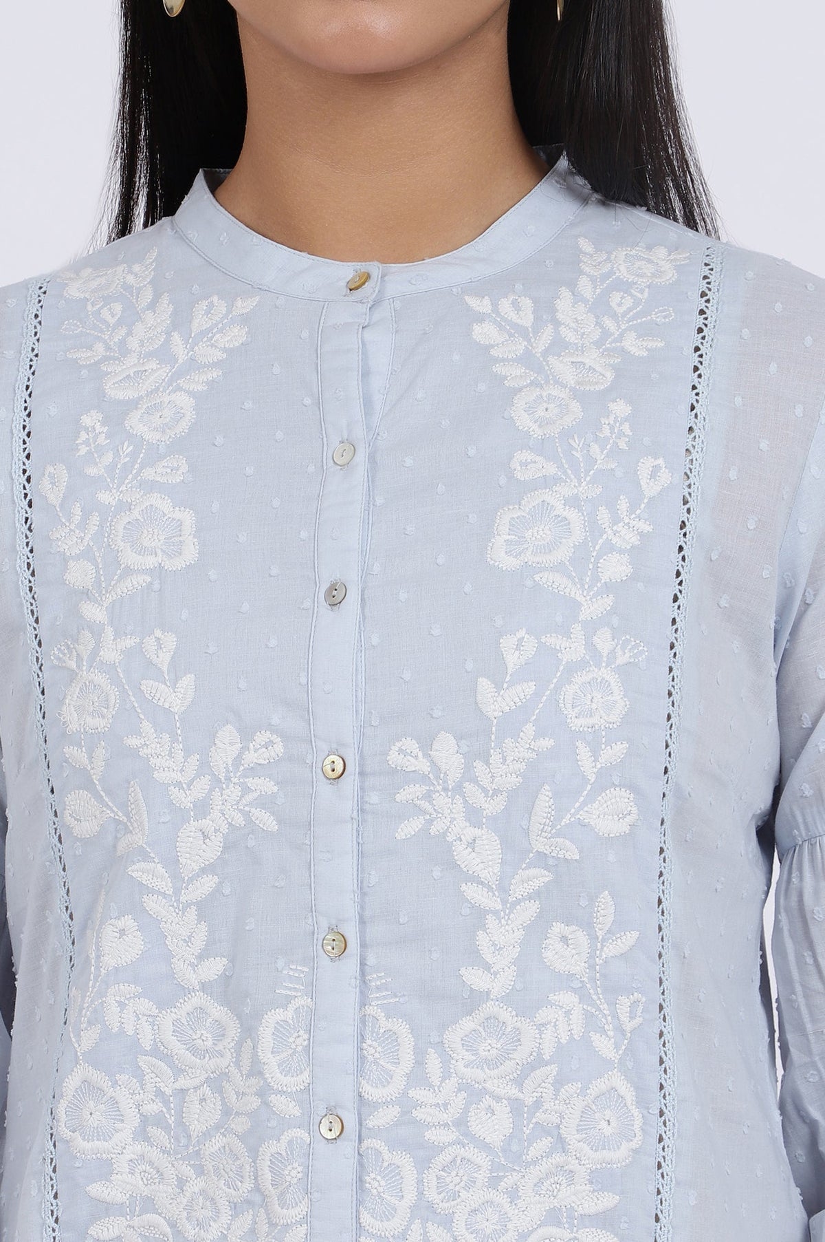 W for Woman Blue Embroidered Pure Cotton Straight Top | Grocsy