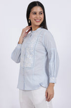 W for Woman Blue Embroidered Pure Cotton Straight Top | Grocsy