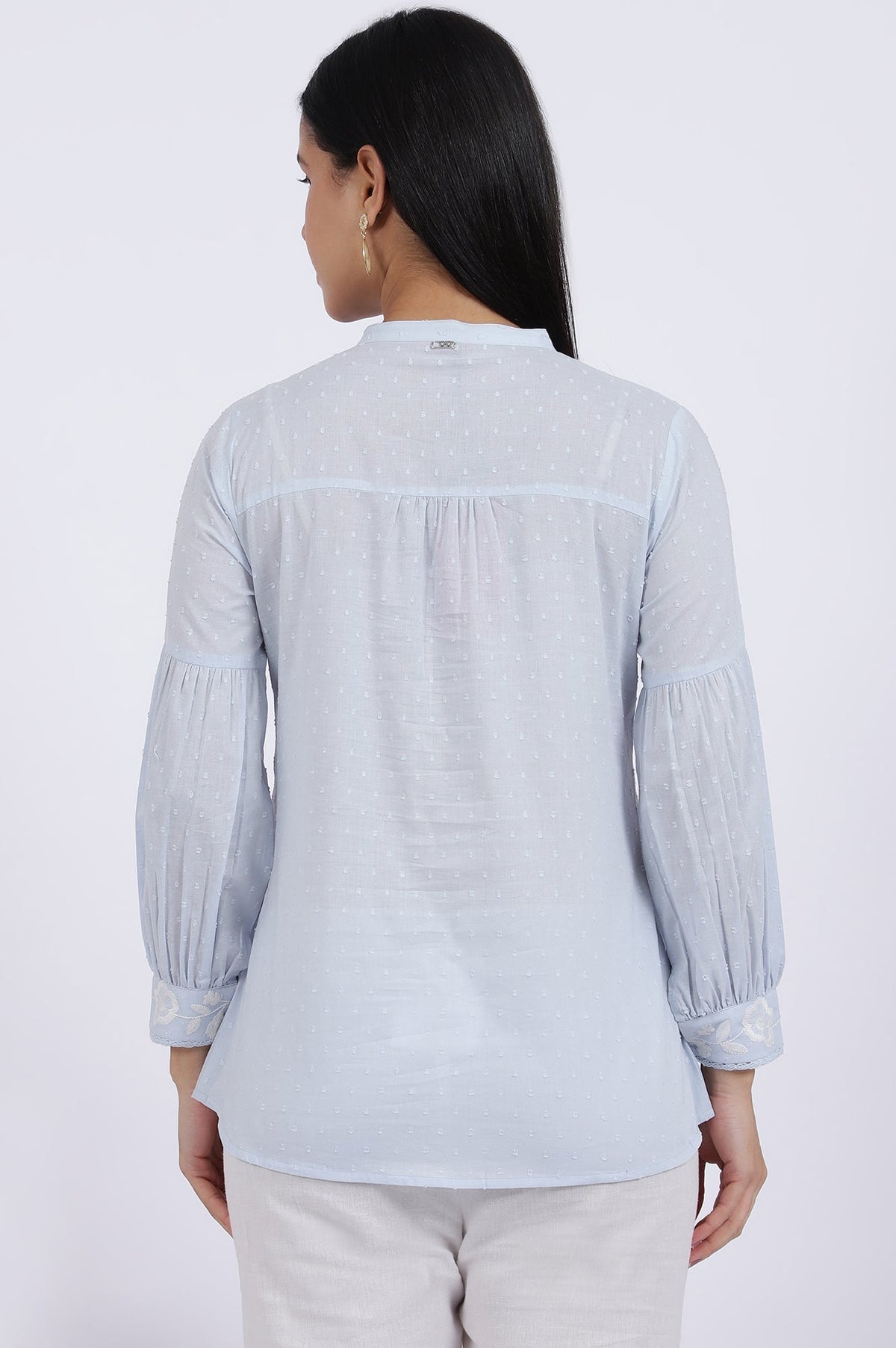 W for Woman Blue Embroidered Pure Cotton Straight Top | Grocsy