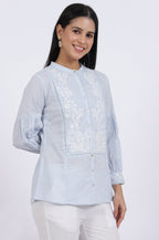 W for Woman Blue Embroidered Pure Cotton Straight Top | Grocsy
