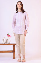 W for Woman Lilac Yoke Embroidered Button Down Top With Lace Detail | Grocsy