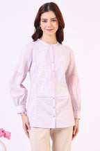 W for Woman Lilac Yoke Embroidered Button Down Top With Lace Detail | Grocsy