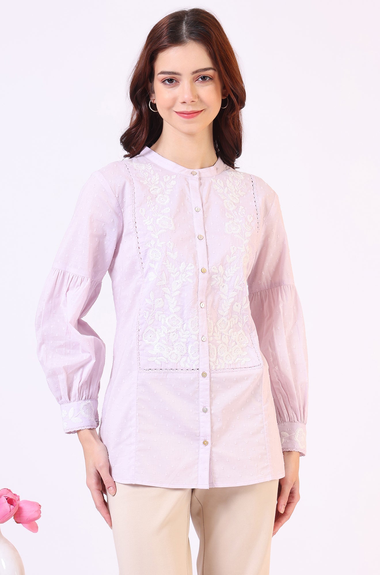 W for Woman Lilac Yoke Embroidered Button Down Top With Lace Detail | Grocsy