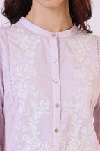 W for Woman Lilac Yoke Embroidered Button Down Top With Lace Detail | Grocsy