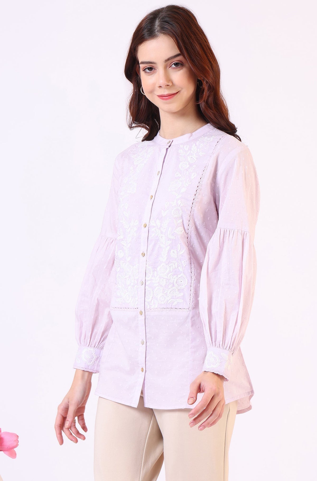W for Woman Lilac Yoke Embroidered Button Down Top With Lace Detail | Grocsy