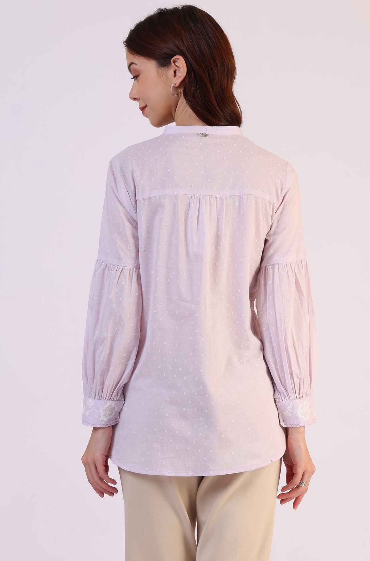 W for Woman Lilac Yoke Embroidered Button Down Top With Lace Detail | Grocsy