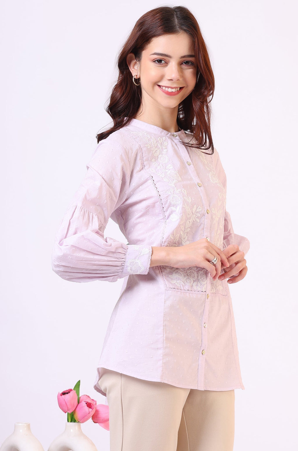 W for Woman Lilac Yoke Embroidered Button Down Top With Lace Detail | Grocsy
