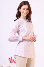 W for Woman Lilac Yoke Embroidered Button Down Top With Lace Detail | Grocsy