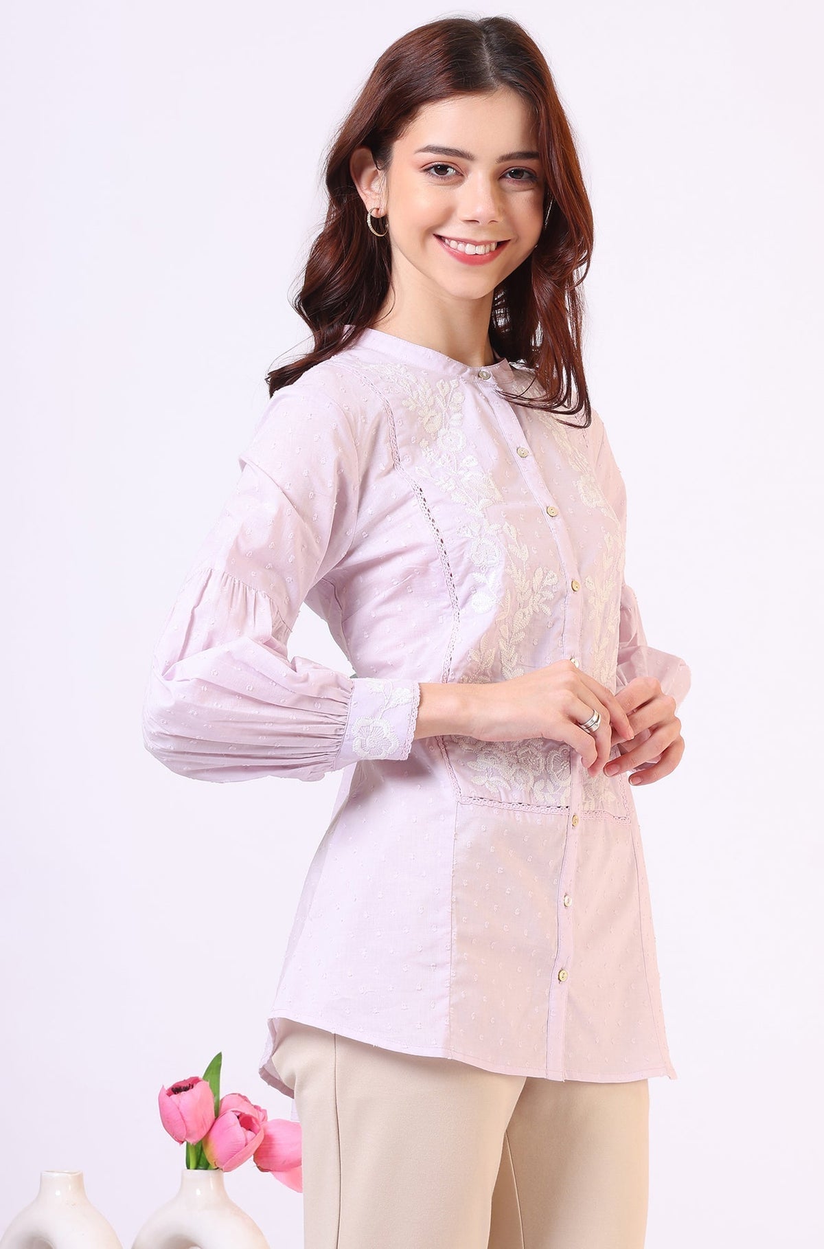 W for Woman Lilac Yoke Embroidered Button Down Top With Lace Detail | Grocsy