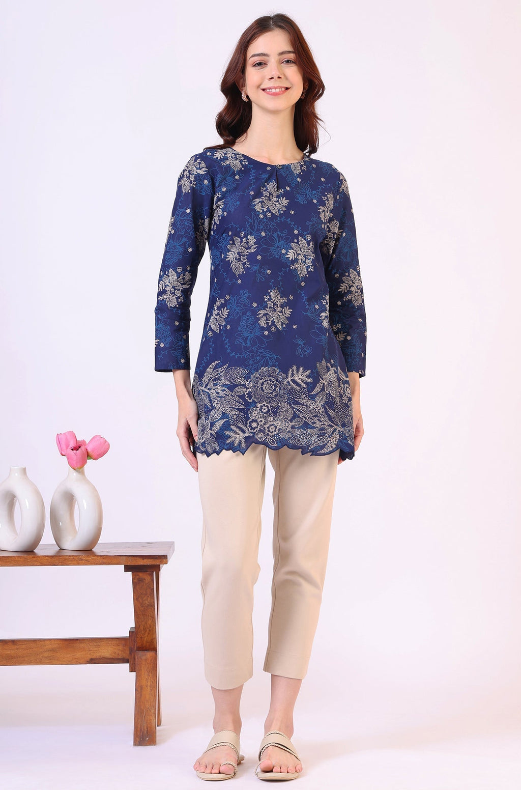 W for Woman Navy Blue Floral Printed Pure Cotton Ethnic Top | Grocsy