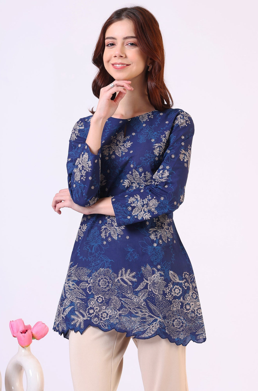 W for Woman Navy Blue Floral Printed Pure Cotton Ethnic Top | Grocsy