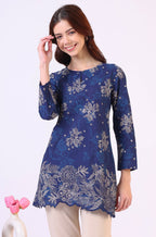 W for Woman Navy Blue Floral Printed Pure Cotton Ethnic Top | Grocsy