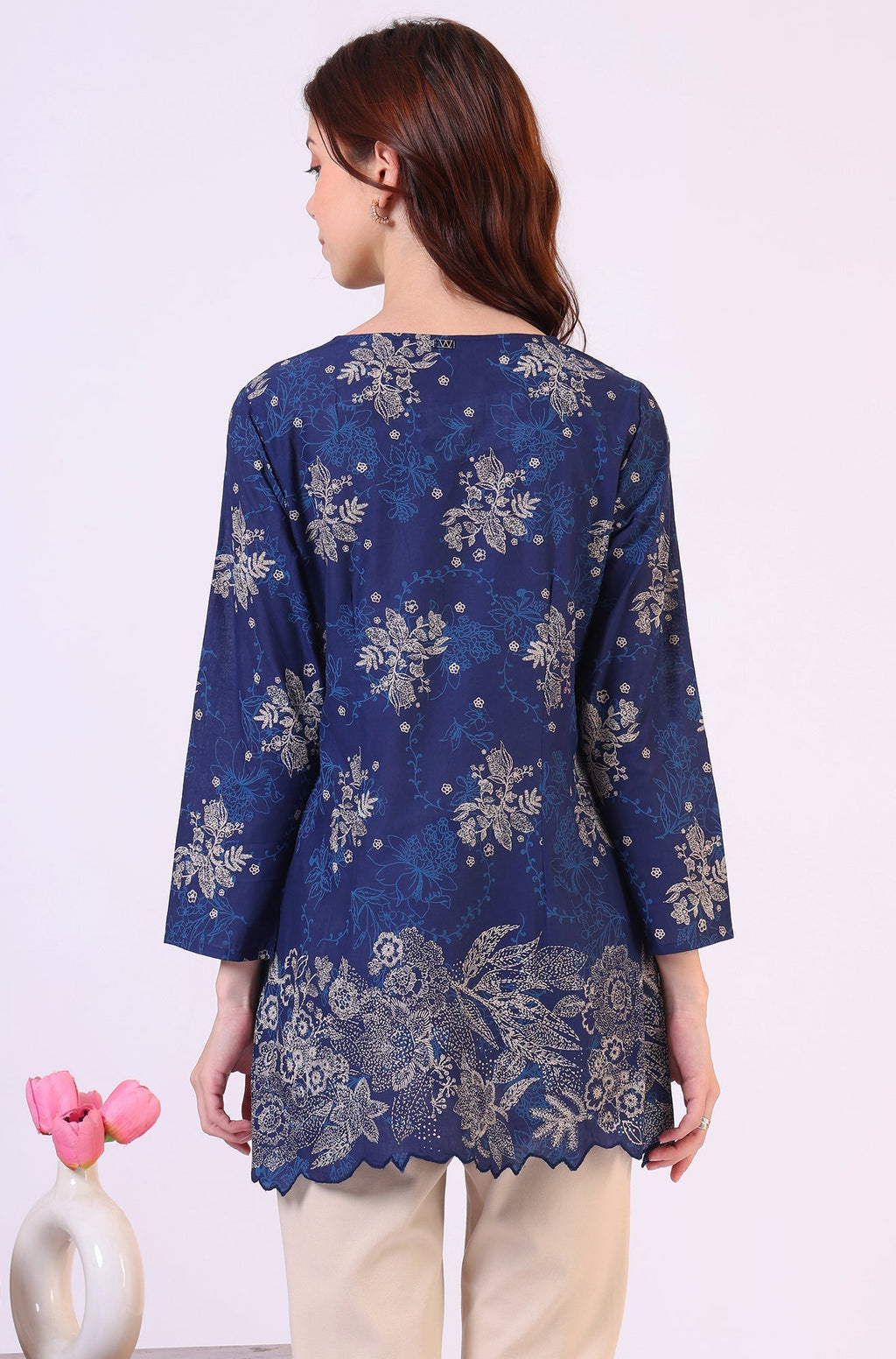 W for Woman Navy Blue Floral Printed Pure Cotton Ethnic Top | Grocsy