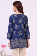 W for Woman Navy Blue Floral Printed Pure Cotton Ethnic Top | Grocsy