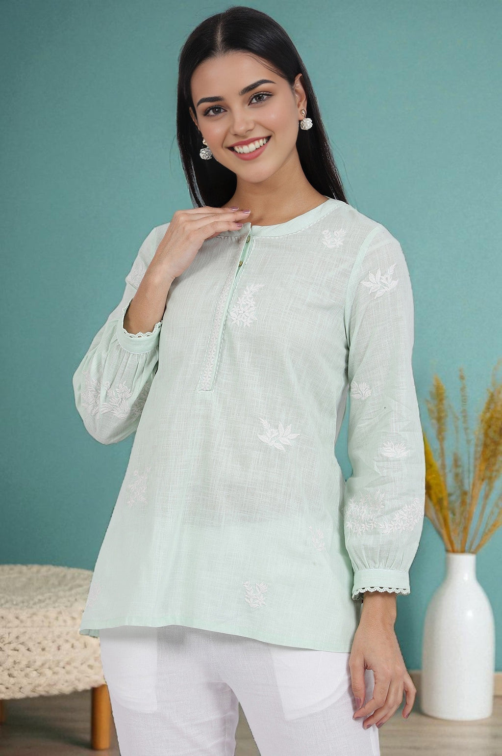 W for Woman Green Thread Embroidered Straight Pure Cotton Ethnic Top | Grocsy