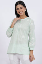 W for Woman Green Thread Embroidered Straight Pure Cotton Ethnic Top | Grocsy