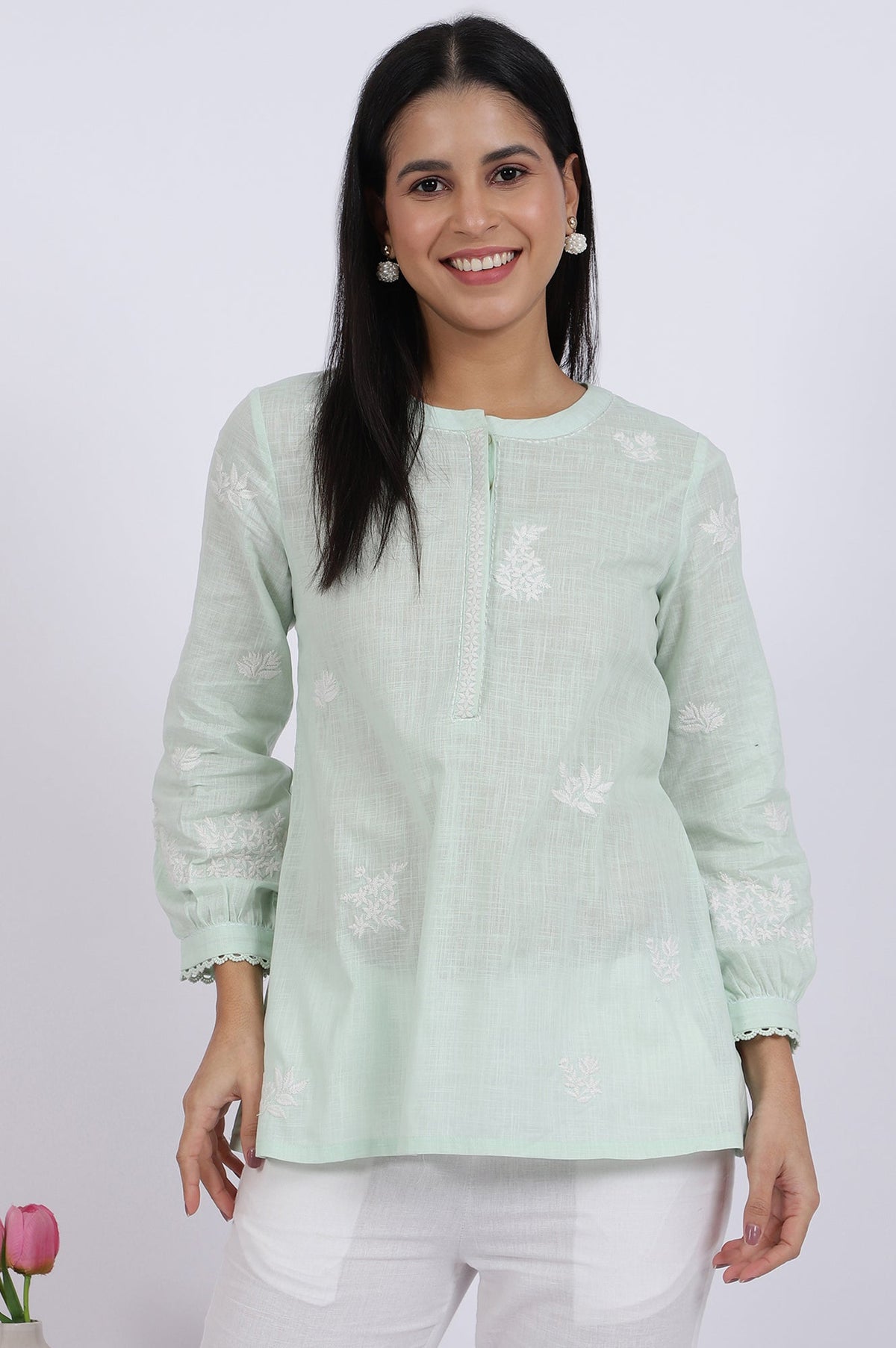 W for Woman Green Thread Embroidered Straight Pure Cotton Ethnic Top | Grocsy