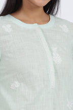 W for Woman Green Thread Embroidered Straight Pure Cotton Ethnic Top | Grocsy