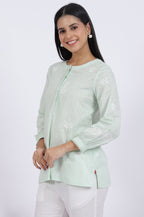 W for Woman Green Thread Embroidered Straight Pure Cotton Ethnic Top | Grocsy