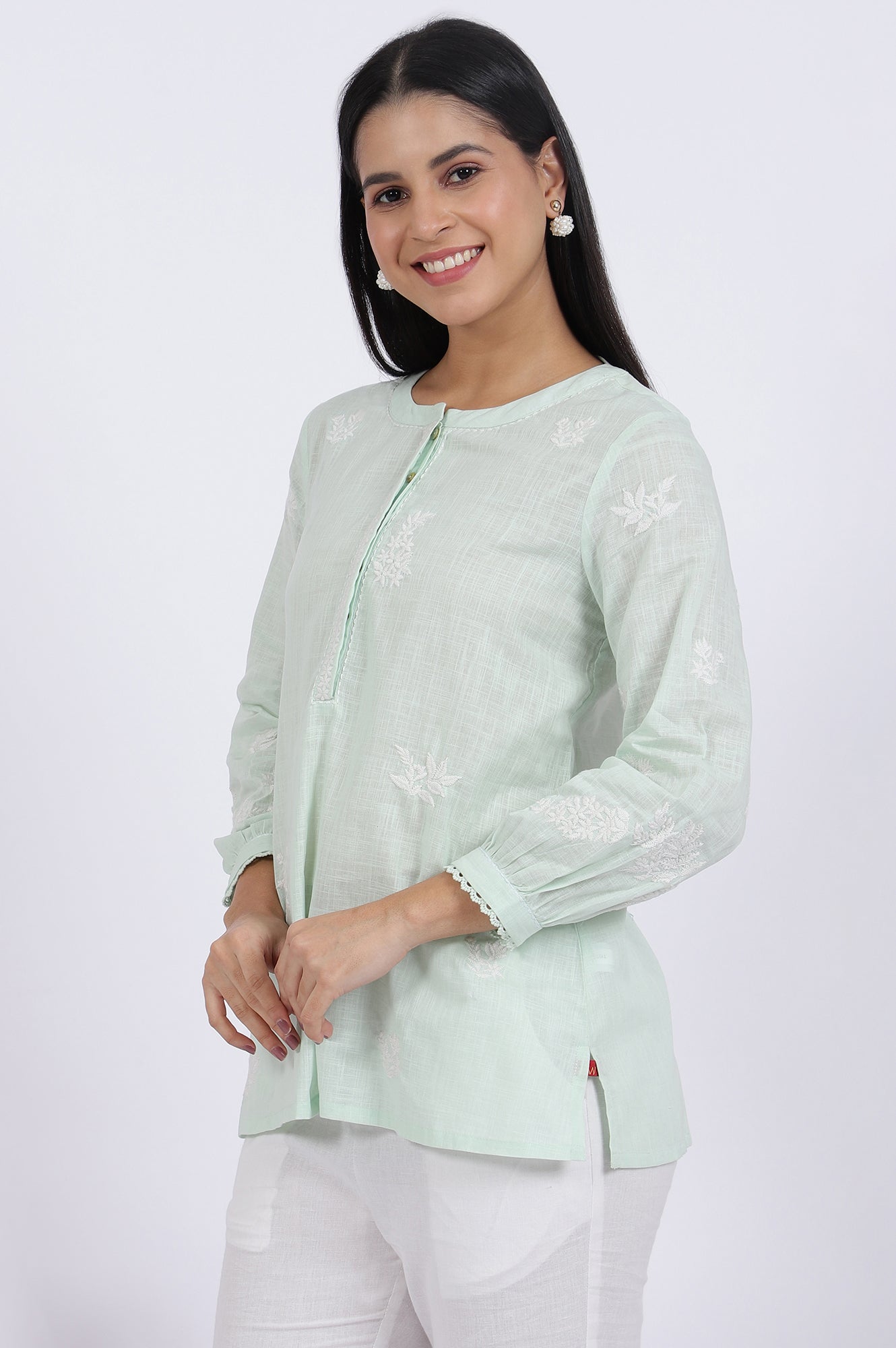 W for Woman Green Thread Embroidered Straight Pure Cotton Ethnic Top | Grocsy