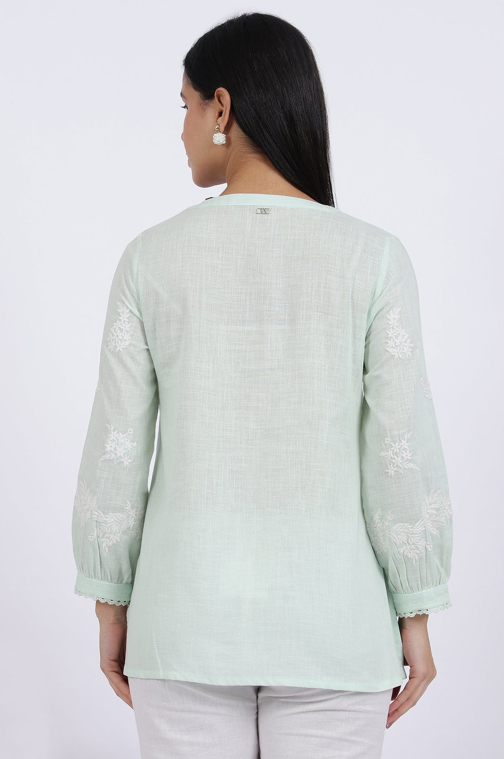 W for Woman Green Thread Embroidered Straight Pure Cotton Ethnic Top | Grocsy