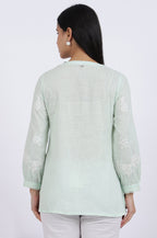 W for Woman Green Thread Embroidered Straight Pure Cotton Ethnic Top | Grocsy