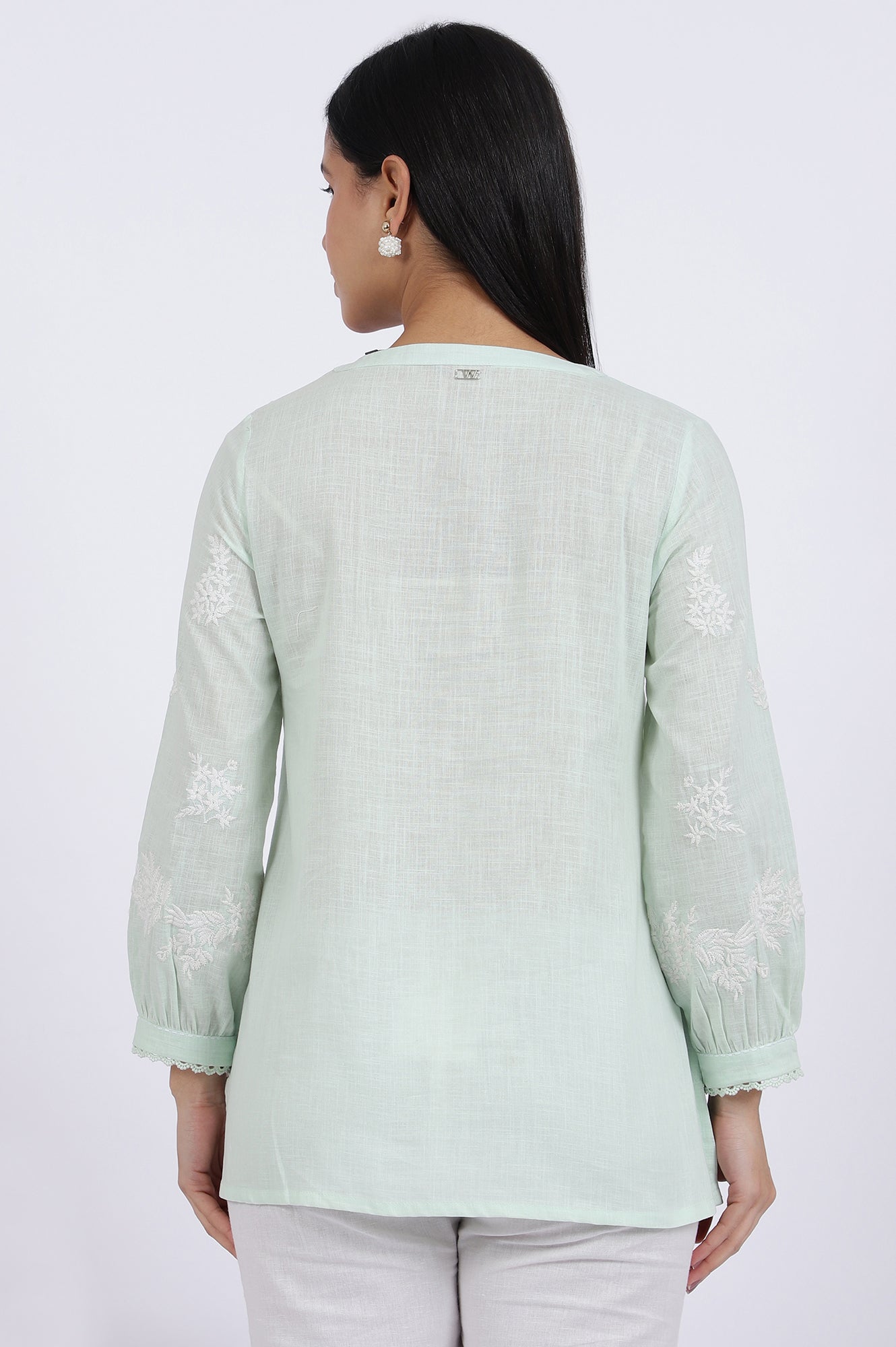 W for Woman Green Thread Embroidered Straight Pure Cotton Ethnic Top | Grocsy