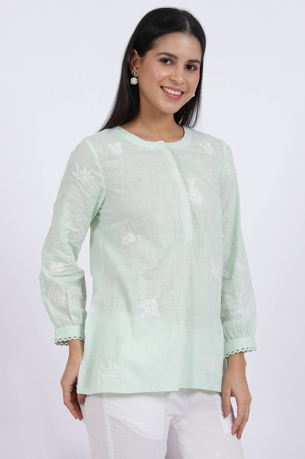 W for Woman Green Thread Embroidered Straight Pure Cotton Ethnic Top | Grocsy