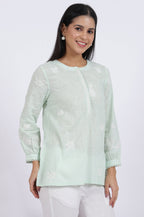 W for Woman Green Thread Embroidered Straight Pure Cotton Ethnic Top | Grocsy