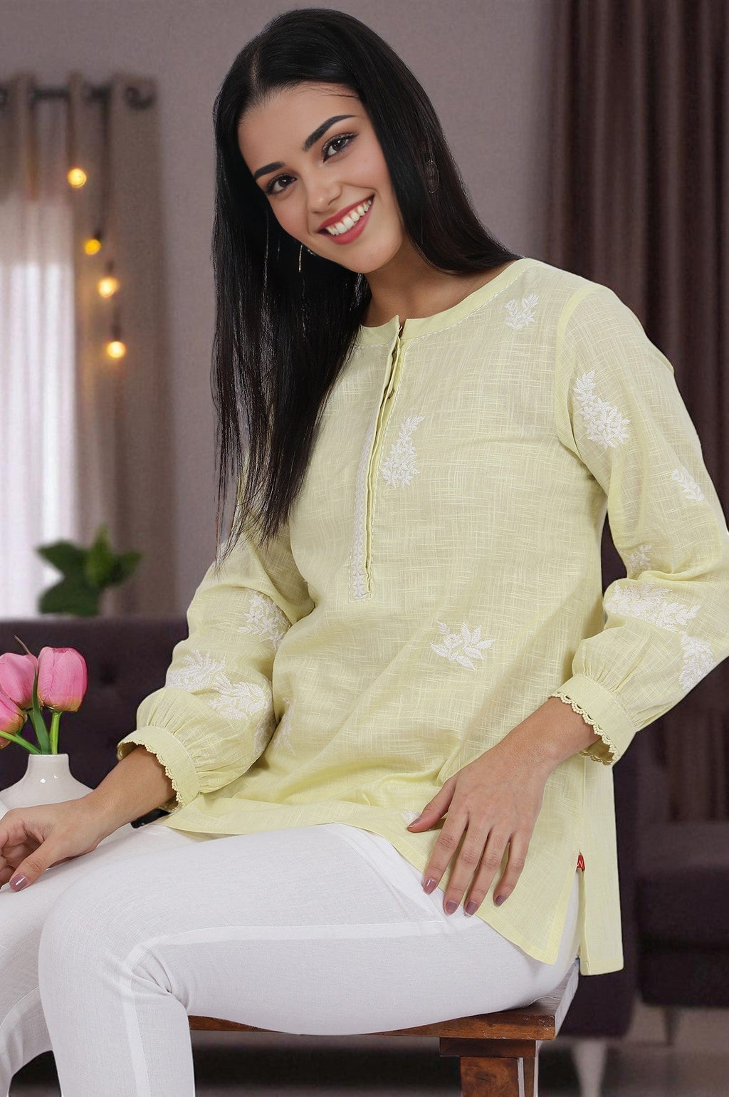 W for Woman White Thread Embroidered Straight Pure Cotton Ethnic Top | Grocsy