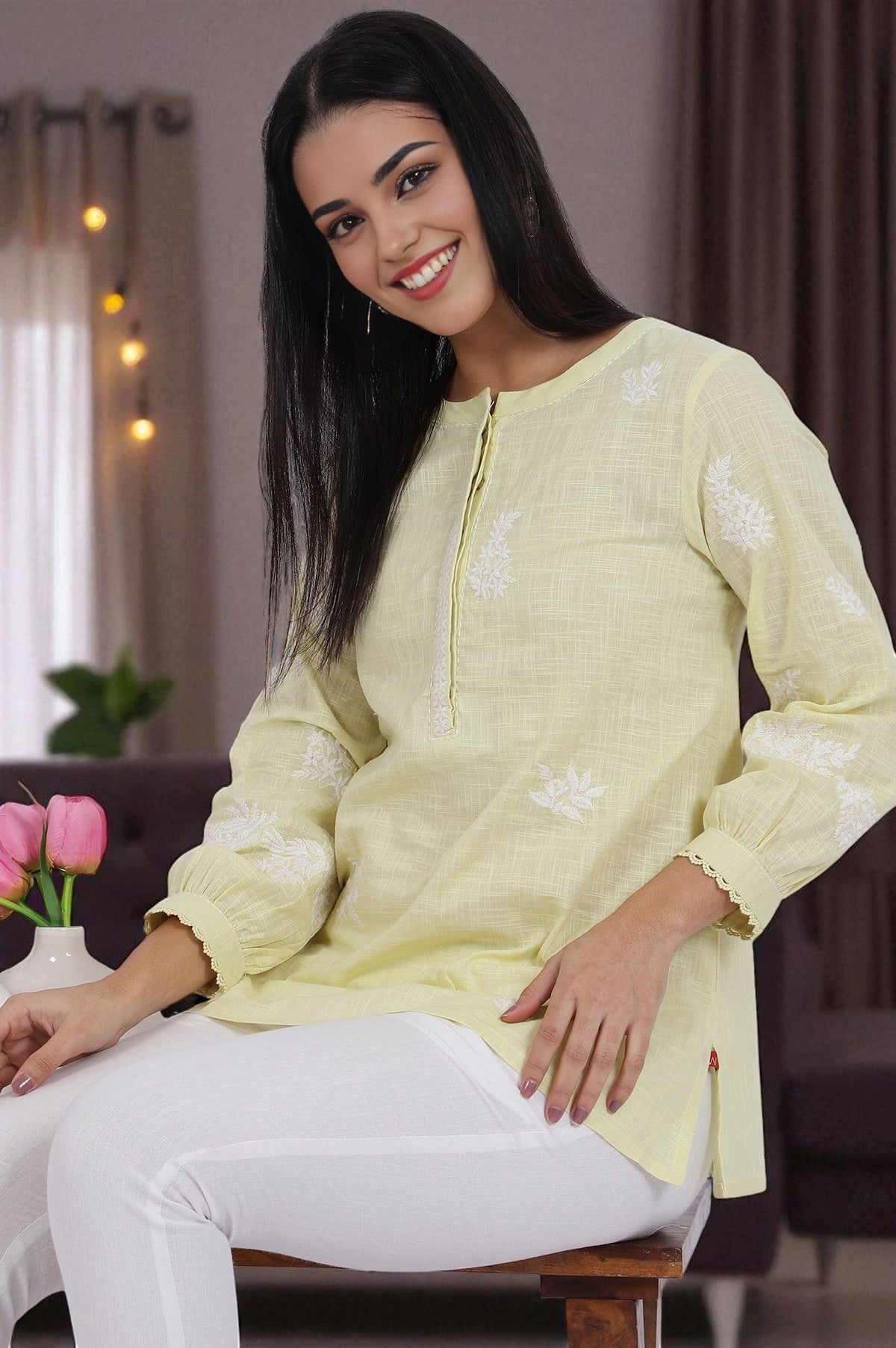 W for Woman White Thread Embroidered Straight Pure Cotton Ethnic Top | Grocsy