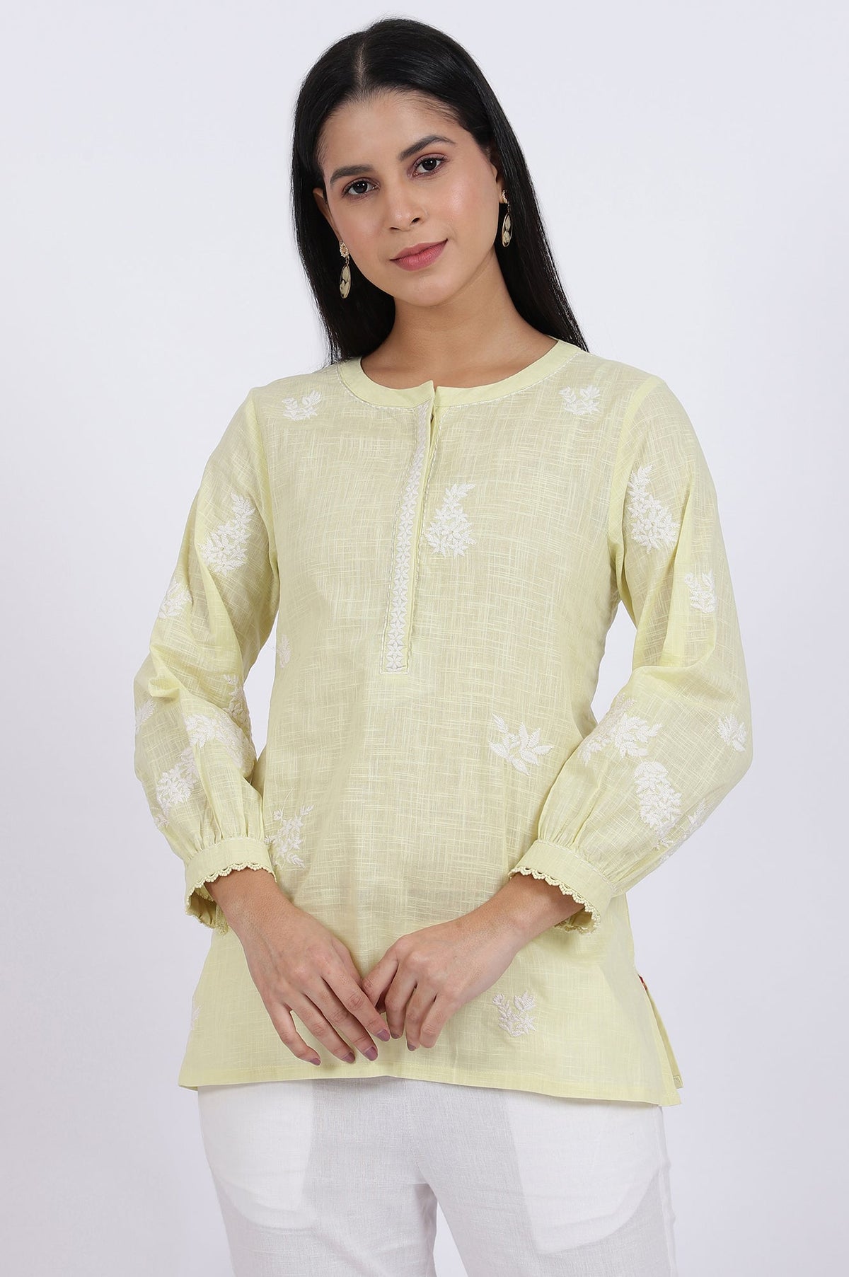 W for Woman White Thread Embroidered Straight Pure Cotton Ethnic Top | Grocsy