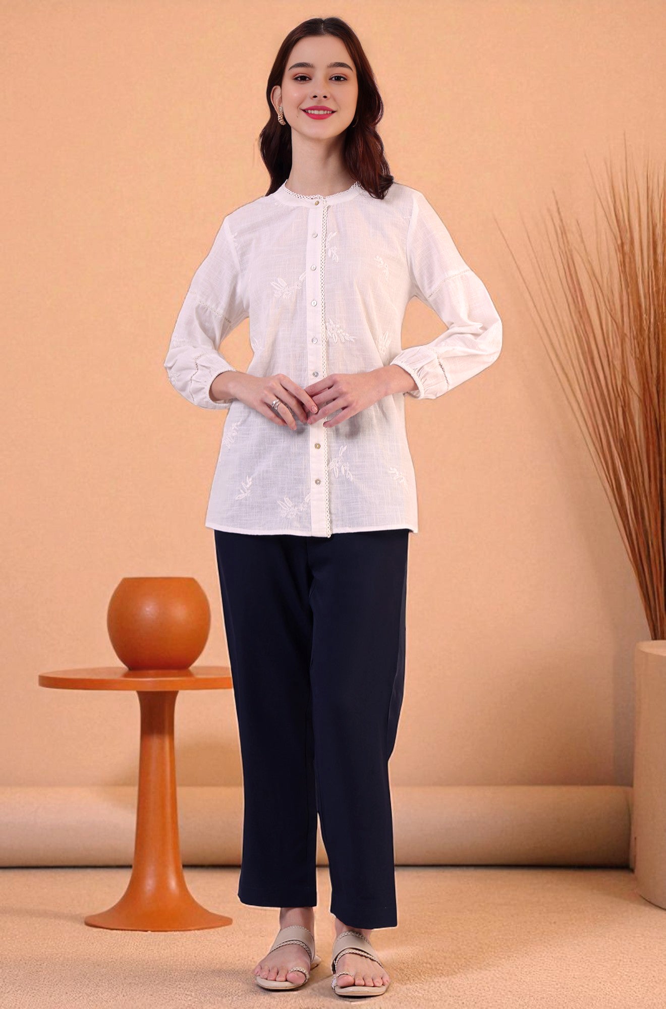 W for Woman White Embroidered Pure Cotton Button Down Shirt | Grocsy