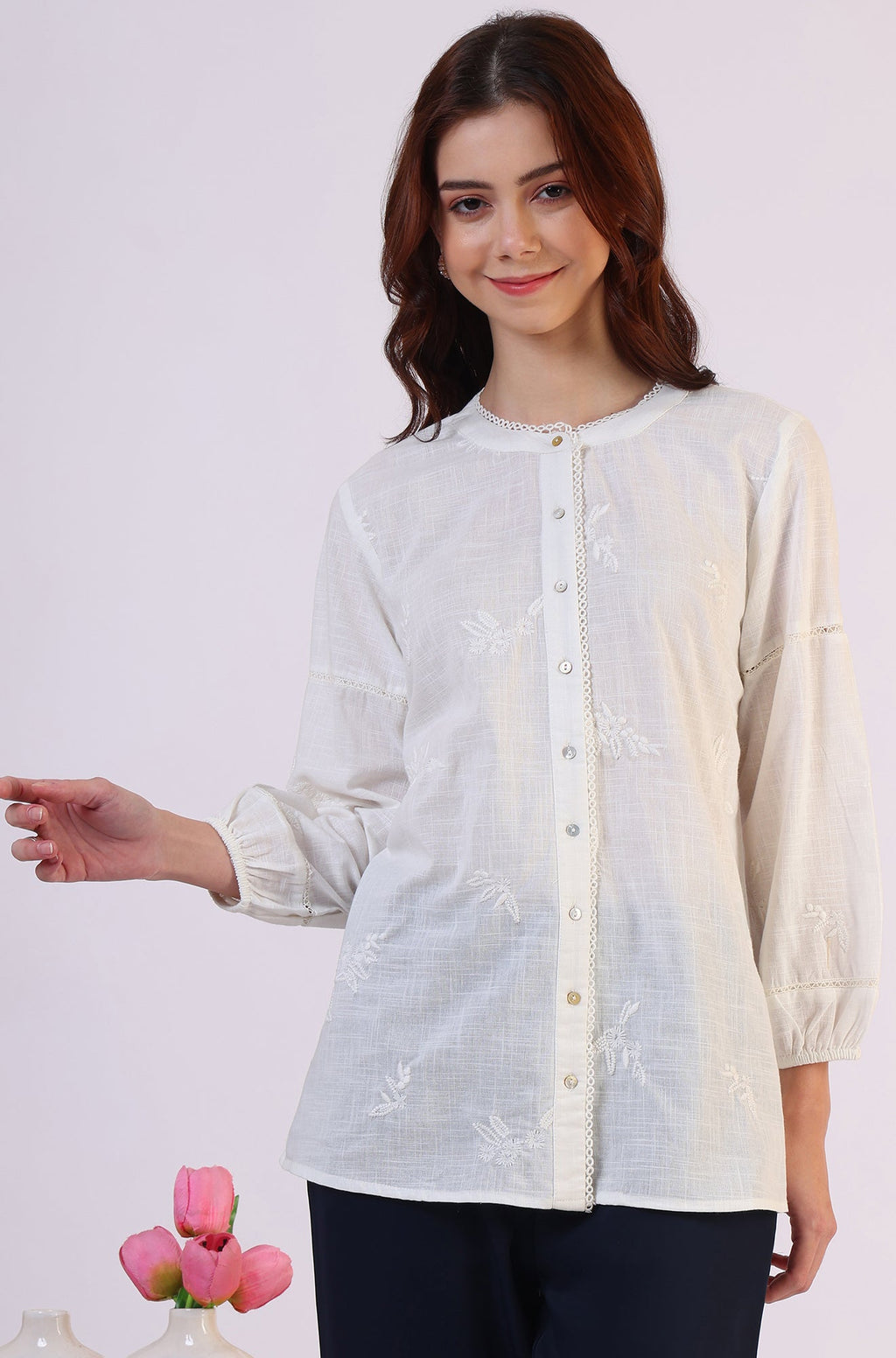 W for Woman White Embroidered Pure Cotton Button Down Shirt | Grocsy