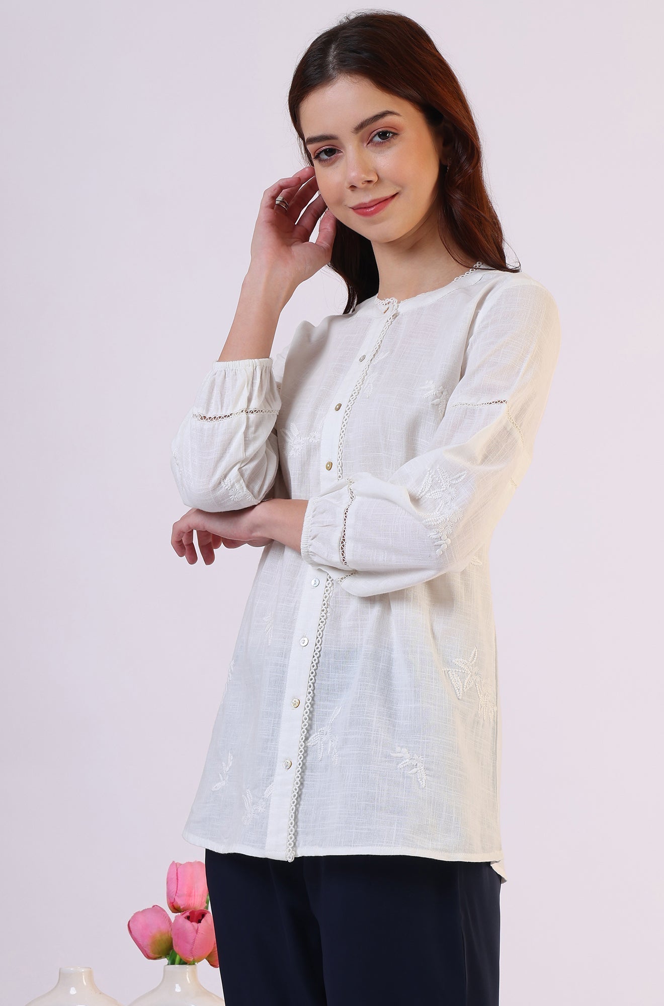 W for Woman White Embroidered Pure Cotton Button Down Shirt | Grocsy
